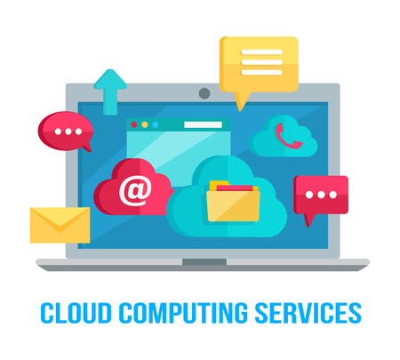 Cloud computing services banner. Networking communication and data icons on screen of laptop. Data protection, global storage service and online cloud storage, security, privacy, online communicationのイラスト素材