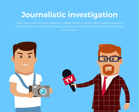 Journalistic investigation concept banner. Flat design. Financial crime, tax evasion, money, laundering, corruption illustration. Set of media workers characters investigator photographer reporterのイラスト素材