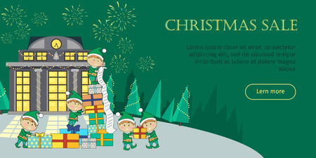 Christmas Sale Web Banner. Elves Packing Presentsのイラスト素材