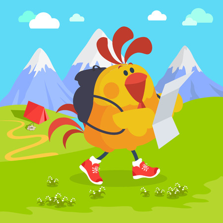 Rooster Bird on Excursion in Mountains.のイラスト素材