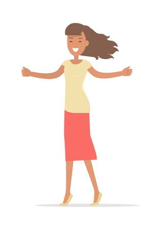 Woman shopping isolated on white. Lady with opened arms smiling. Flat design. Brunet girl character in t-shirt and pink skirt. Pleasure of purchase. For sales and discounts. Vector illustrationのイラスト素材