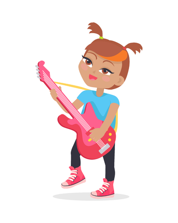 Girl playing on guitar isolated on white. Adorable little girl has leisure time. Young singer at music lesson. Toddler at playground play on musical instrument in flat style. Daily activity. Vectorのイラスト素材