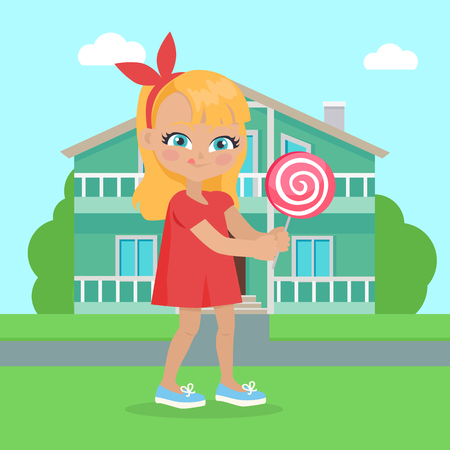 Girl Holds Lollipop in Hands in Front of Housesのイラスト素材