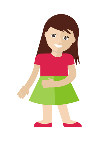 Girl character vector in flat design. Smiling cute child in casual clothes. Illustration for childhood, fashion, human concepts, app icons, logo, infographics design. Isolated on white backgroundのイラスト素材