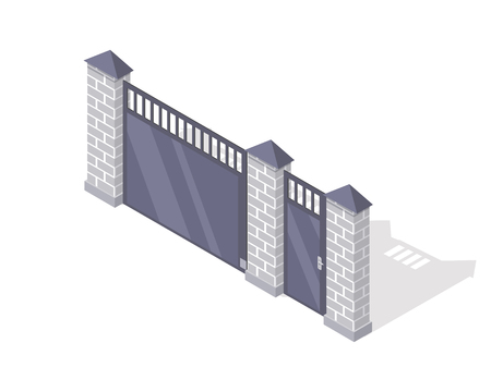 Iron Fence with Brick Columns Isolated on Whiteのイラスト素材