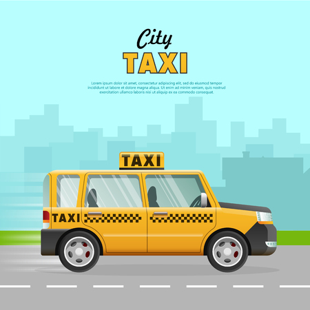 Yellow Taxi with Checker on the Road in City.のイラスト素材