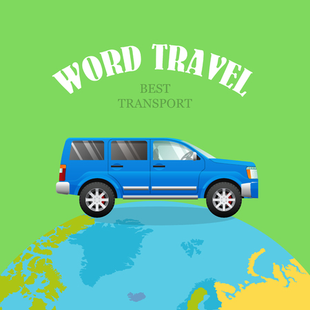 Blue Car on Planet. Green Background. World Travelのイラスト素材
