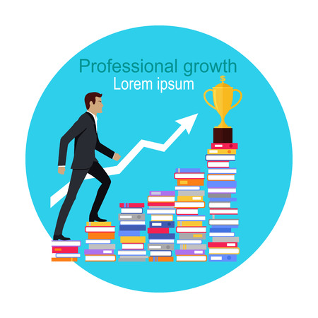 Professional growth. Male young businessman going upstairs on books. Gold trophy cup at the end of the way. Lifelong constant learning. Business education. Getting knowledge without rest. Vector illustrationのイラスト素材