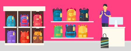 School Bag Store banner. Seller near white table offering some modern backpacks. Yellow and orange backgrounds. Various shapes, size and colour of backpacks. Different bags in white racks. Vectorのイラスト素材