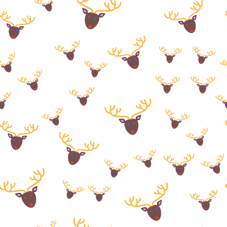 Deer head seamless pattern. Brown oval face with blue eyes and red mouth. Yellow long ramified horns. Cartoon style. New Year toy in fat style. Wallpaper design endless texture. Vector illustrationのイラスト素材