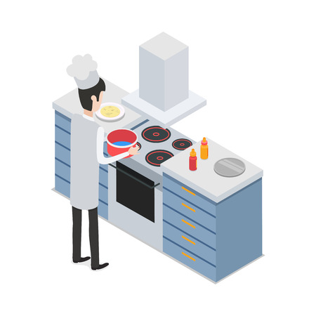 At Restaurant. Male Chef Taking Pot on Cookerのイラスト素材