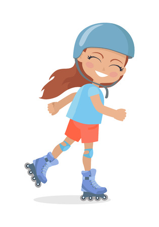 Girl with Long Brown Hair in Helmet Roller Skatingのイラスト素材