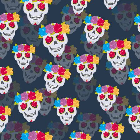 Human Skull and Flower Wreath Seamless Pattern.のイラスト素材