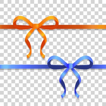 Illustration of two ribbons with bows. Orange and blue narrow long lines with bright bows. Two bobs with two narrow petals, with long tails. Simple cartoon design. Front view. Flat style. Vectorのイラスト素材