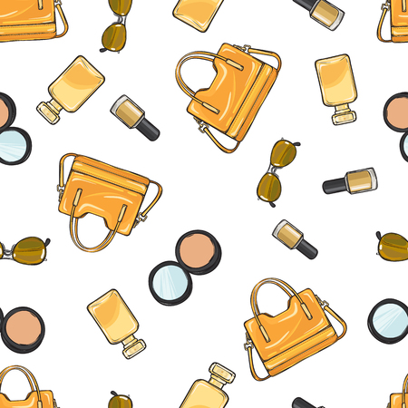 Collection of women accessories. Yellow varnished purse. Beige nail polish. Face powder with mirror in black round case. Sunglasses. Perfume. Seamless pattern. Endless texture. Fabric. Vectorのイラスト素材