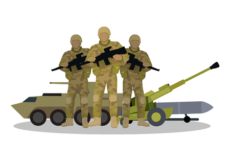 Different types of armed forces. Soldiers in ammunition with guns, APC, cannon, ballistic missile flat vector illustrations isolated on white. For warfare concepts, military service contract adのイラスト素材
