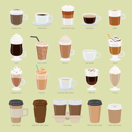 Set of coffee types and packages. Coffee menu vector illustration. Preparation of beverages. Collection of glasses with cappuccino, latte, espresso, americano, mocha, frappuccino. Take away. Vectorのイラスト素材