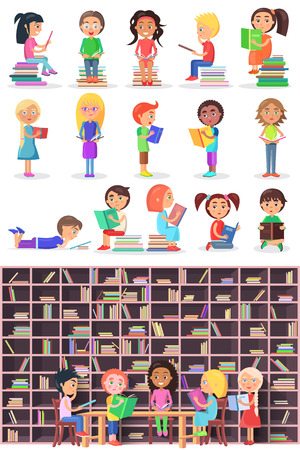 Boys and girls with books. Isolated children and infants in library vector set. Kids study in atheneum. Clever young people read books. School Children education. Public room with bookshelves. Vectorのイラスト素材