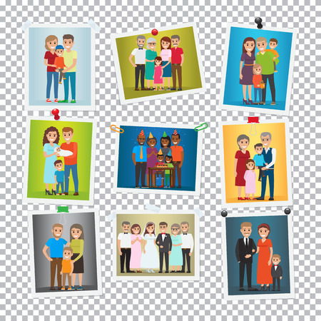 Family portrait set. Happy photos of family members. Close relationships concept. Best memories on pictures. Parenthood concept. Marriage, birthday, holiday. Several generations. Vector illustrationのイラスト素材