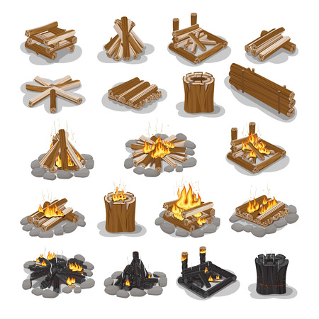 Campfire and firewood set isolated on white. Stages of making burning fire. Bonfire collection camping, burning woodpile campfire fireplace concept. Tourist firewoods vector illustrationin flat styleのイラスト素材