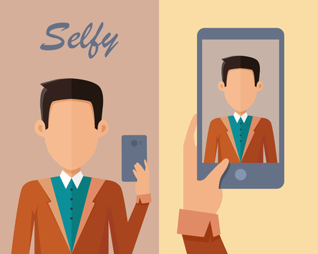 Young man in blue shirt and brown jacket making selfie. Young man taking photo with cellphone. Man looking at smartphone and taking selfie. Private character. Vector illustration in flat.のイラスト素材