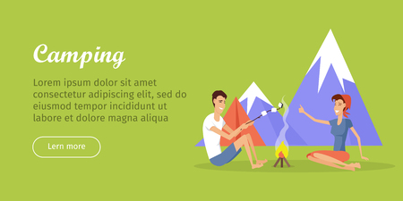Camping poster. Camping tent near the fire and mountains in the background with lake. Happy family couple making barbecue. Man and woman sitting near the fire. Vector illustration in flat styleのイラスト素材