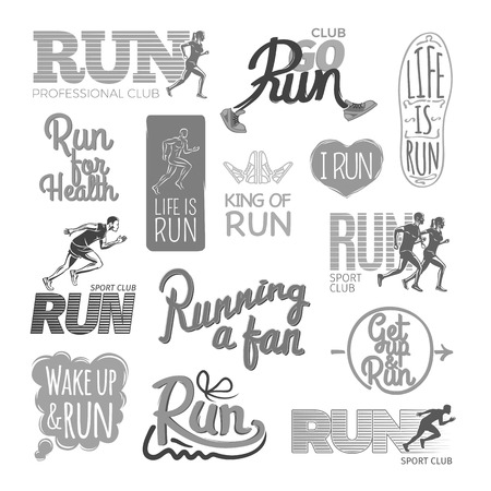 Run professional club. Club go run. Life is run. Run for health. King of run. I love run. Run sport club. Running a fan. Get up and run. Wake up and run. Set of colorless pictures. Poster.のイラスト素材