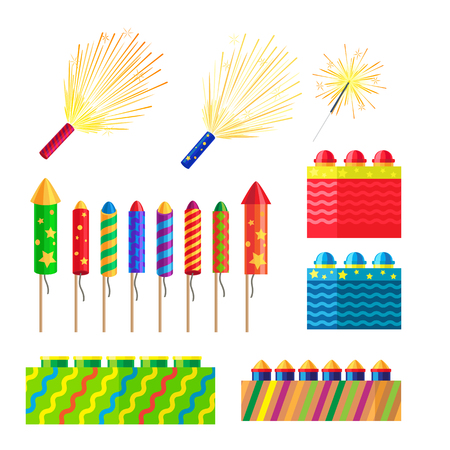 Collection of fireworks. New Year decorations. Illustration of different pyrotechnics in shape, size and colour. Attributes of New Year 2017. Bright explosions. Cartoon style. Flat design.のイラスト素材