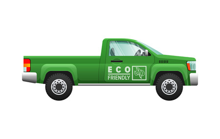 Transport. Picture of isolated green classical pickup. Ecologically clean car with two doors. Useful and cheap mean of transportation. Four-wheeled automobile in cartoon style. Flat design.のイラスト素材