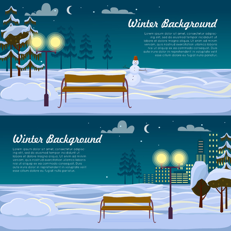 Winter background. Collection of two pictures with benches, street lamps and trees in city park. Snowman behind one bench. Buildings. Evening. Cartoon style. Poster. Web banner. Flat design.のイラスト素材