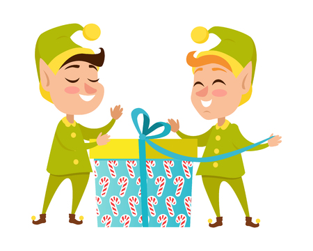 Two Happy Elves with Present on White Backgroundのイラスト素材