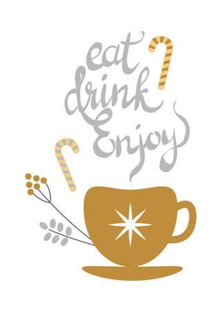 Eat Drink Enjoy Banner with Golden Decorated Teaのイラスト素材