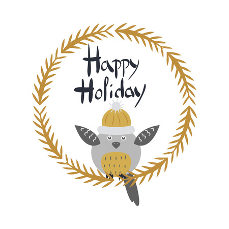 Happy Holiday Card with Owl Bird in Round Frameのイラスト素材