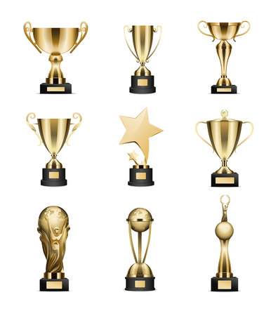 Golden Trophy Cups Collection Isolated on Whiteのイラスト素材