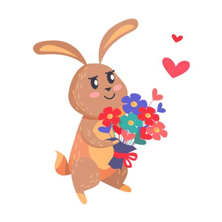 Bunny with Bouquet of Flowers Isolated on White.のイラスト素材