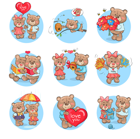 Loving Cartoon Bears Flat Vector Icons Setのイラスト素材