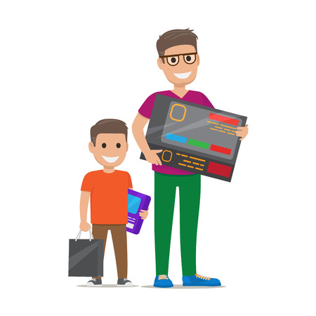 Father with Son Buying Electronics Flat Vectorのイラスト素材