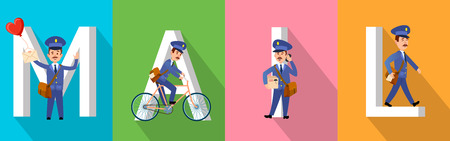 MAIL Banner with Letters and Postman Character Setのイラスト素材