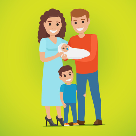 Couple Holds Newborn and Small Boy Standing nearのイラスト素材