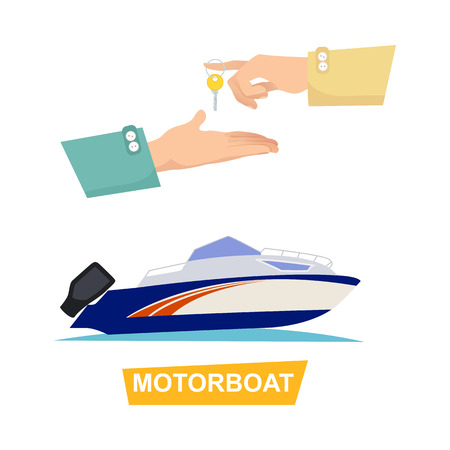 Buying blue and white speed motorboat on white background. Boat selling encouraging customers vector illustration.のイラスト素材