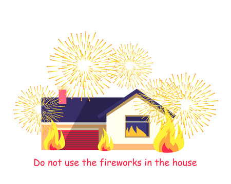 Burning Building with Fireworks Isolated on Whiteのイラスト素材