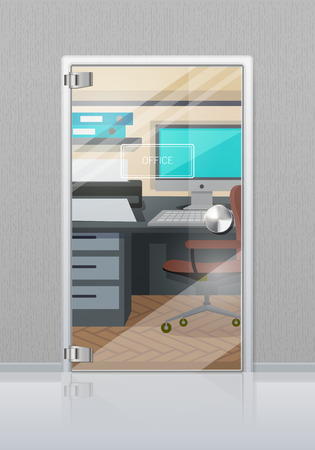 Office Interior Through Glass Door Flat Vectorのイラスト素材