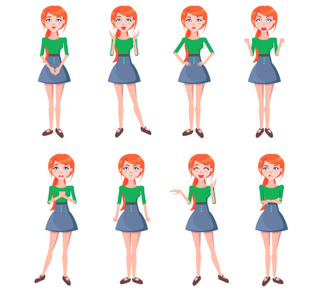 Set of Emotions of Red-haired Girl Full-lengthのイラスト素材