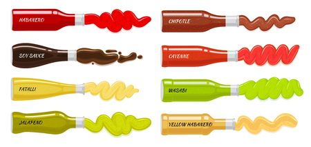 Set of Glass Bottles with Hot Sauces Flat Vectorのイラスト素材