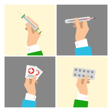Hands Holding Medical Equipments and Pills Setのイラスト素材