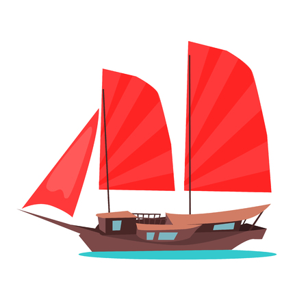 Traditional wooden junk ship flat vector iconのイラスト素材