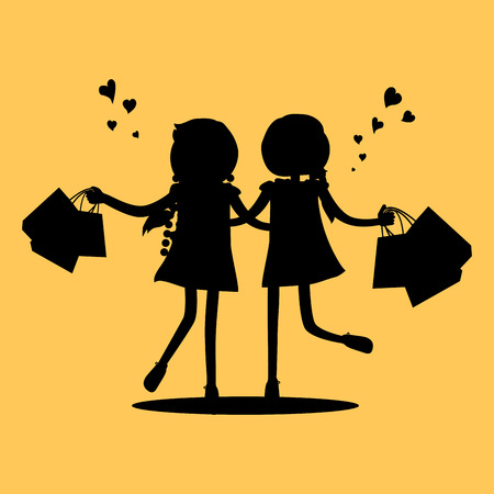 Silhouettes of Girls with Shopping Bags. Friendsのイラスト素材