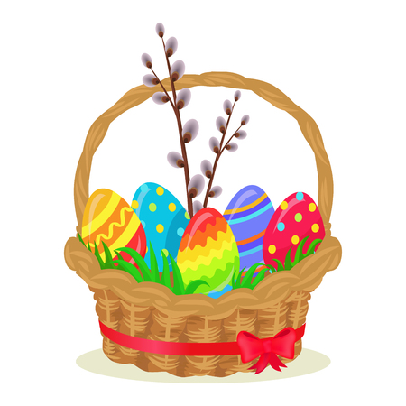 Colorful Eggs, Brench of Willow in Wicker Basketのイラスト素材
