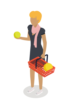 Woman with Basket Buying Daily Products Vectorのイラスト素材