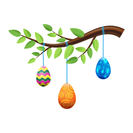 Easter Eggs on Branch with Leaves Illustrationのイラスト素材